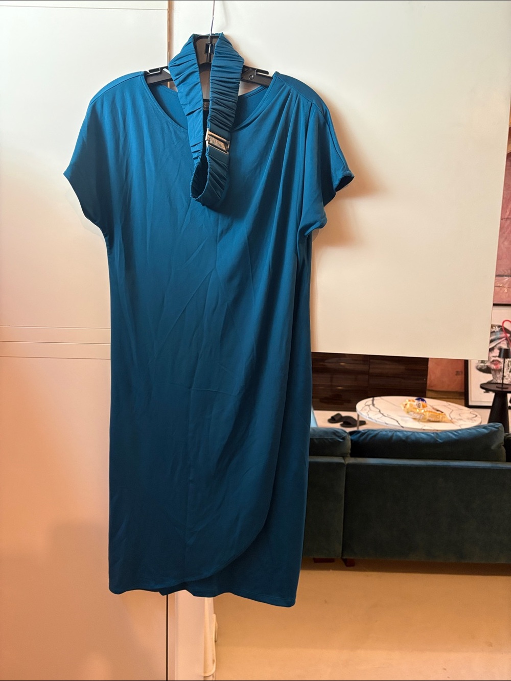 Pleated Neck Teal Midi Shift Dress - Short Sleeve
